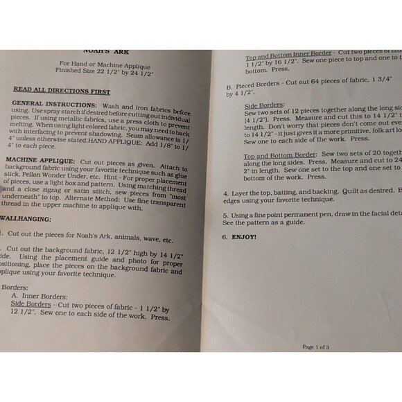 Noahs Ark Quilt Pattern Kathy Boudreau for Katrinka Designs Full Size Complete - Picture 6 of 6